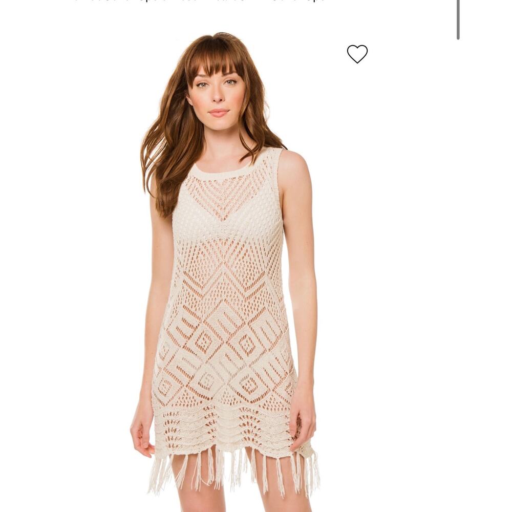 Allison New York Crochet Fringe Tunic Cover Up Cream Boho Swim Sleeveless M